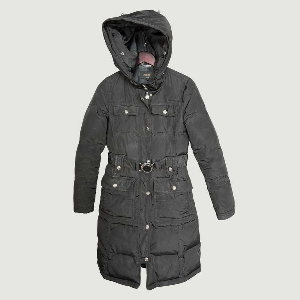 Laundry by Shelli Segal Black Down Puffer Coat Belted Hooded Parka Jacket XS